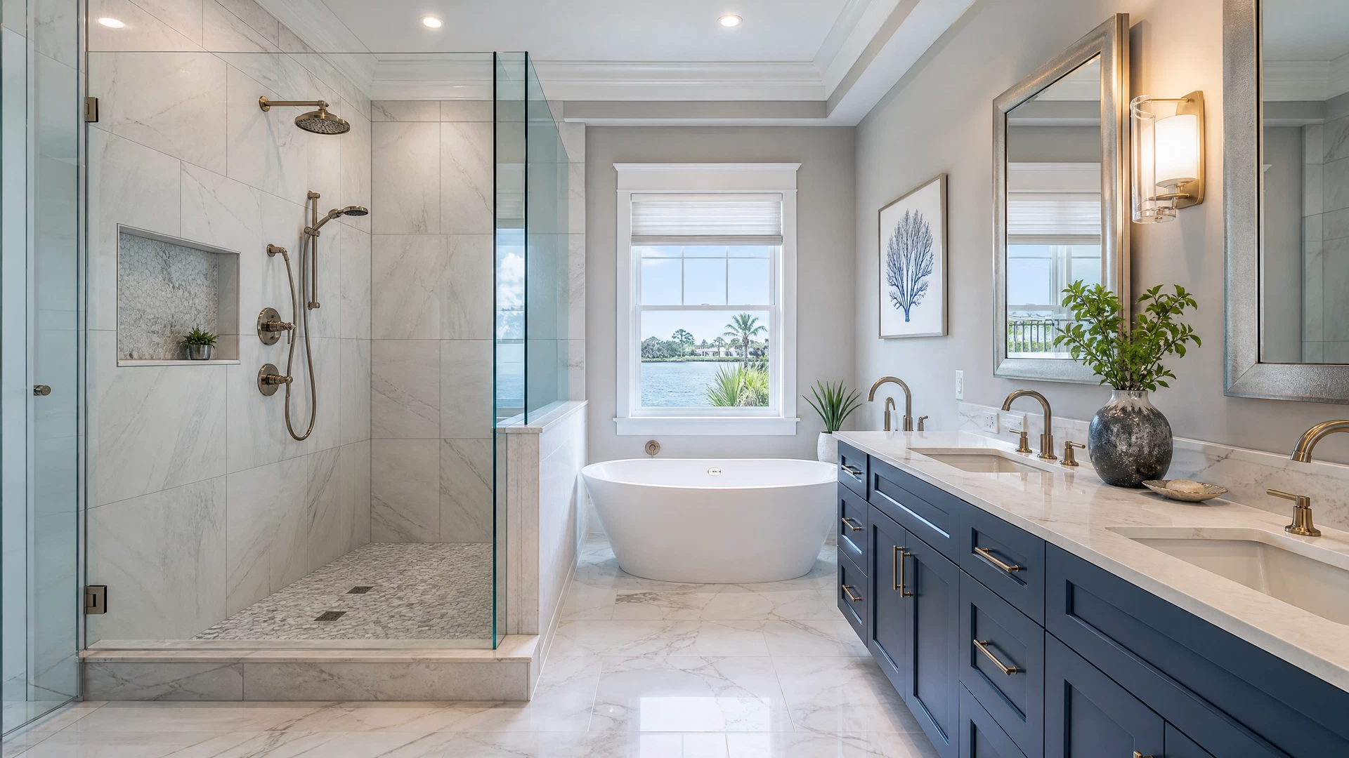 Completed modern bathroom remodel with no people
